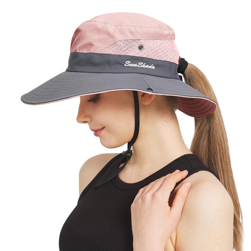 NPQQUAN Ponytail Sun Bucket Hat for Women Men Wide Brim UPF 50+ Fishing & Beach Hats Pink/Grey