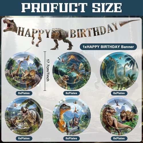 CHUNNIN 49PCS Dinosaur Birthday Party Supplies with Banner Dinosaur Themed Paper Plates Dinosaur Party Banner Dino World Paper Plates and Banner for Boys Kids Dino Theme Birthday Party Decorations