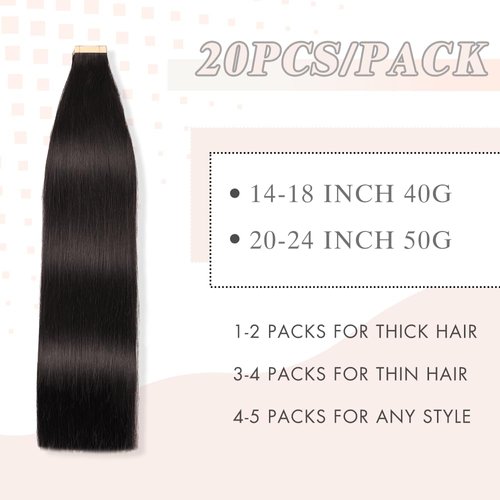Tape in Hair Extensions Remy Human Hair 18 Inch Seamless Skin Weft Tape in Hair Extensions Invisible Tape in Hair Extensions Human Hair Straight Jet Black Double Sided Tape ins (1#,18 Inch)