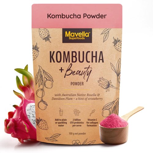 Mavella Kombucha Powder – Berry Flavor 100g Beauty & Hair Powder Black and Green Tea - Probiotic Prebiotic Apple Cider Vinegar Ginger Vitamin C Kombucha Drink – 25 Servings