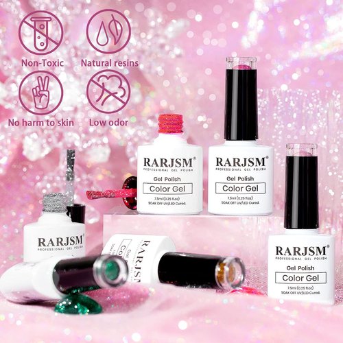 RARJSM Glitter Gel Nail Polish Set, Reflective Shinny Gel Polish Explosion Diamond Nail Gel 6PCS Gold Hot Pink Green Red Silver Gel Nail Art Varnish Manicure Kit in Gift Package