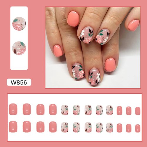 Vezocim Press on Nails Coffin with Flower Designs, 24Pcs Artificial Short Pink Square Fake Nails with Glue, Full Cover Glossy Acrylic Peony Floral False Nails, Stick on Fingernails for Women (W856)