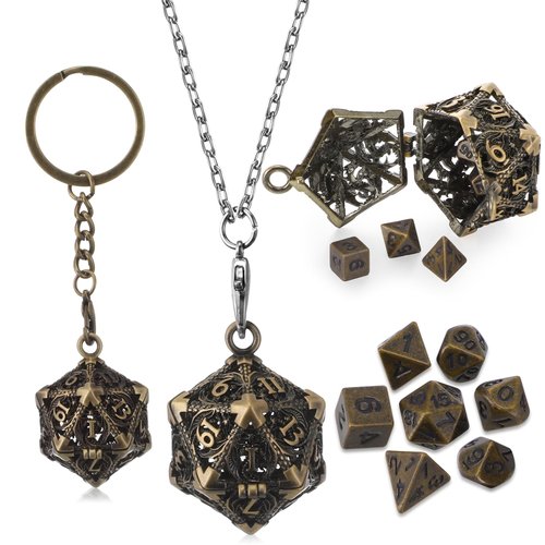 Syhood Mini Dice Set 7 Pcs Tiny Small Metal Dice Set Hollow D20 Necklace Dice Case Keychain Role Playing Table Games Portable Teacher Gift Mother Gift(Antique Gold)