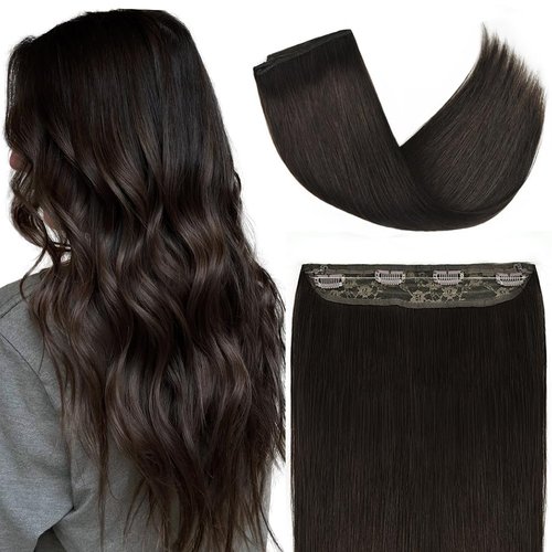 Invisible Wire Hair Extensions Real Human Hair, 16 Inch 80G Dark Brown Remy Human Hair Extensions with 4 Clips, Long Straight Thick Layered Transparent Fish Wire Secret Hairpiece for Women