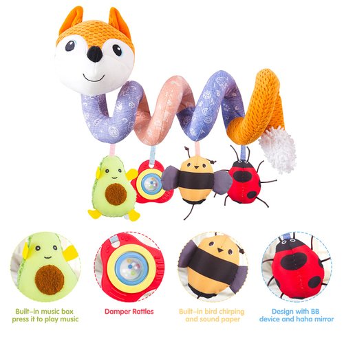 HILENBO Car Seat Toys, Infant Baby Orange Fox Spiral Plush Activity Hanging Toys for Car Seat Stroller Bar Crib Bassinet Mobile with Music Box BB Squeaker and Rattles（Orange）