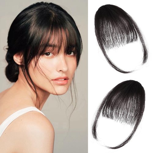 2PCS Hair Bangs Clip in Bangs 100% Real Human Hair Extensions Clip on Bangs Brown Black Fake Bangs Fringe with Temples Wispy Bangs Hairpiece for Women (Brown Black)