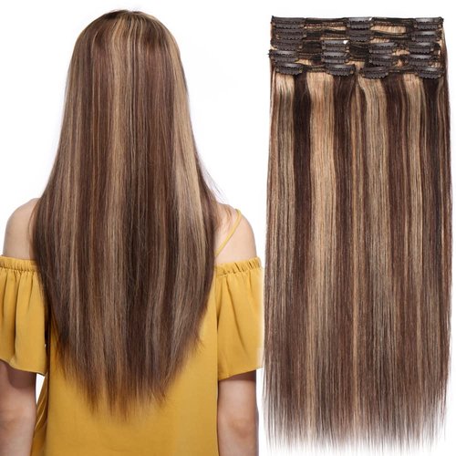 Double Weft 100% Remy Human Hair Clip in Extensions 10''-22'' Grade 7A Quality Full Head Thick Thickened Short Soft Silky Straight 8pcs 18clips (12"/12 inch 110g,#4/27 Medium Brown mix Dark Blonde)