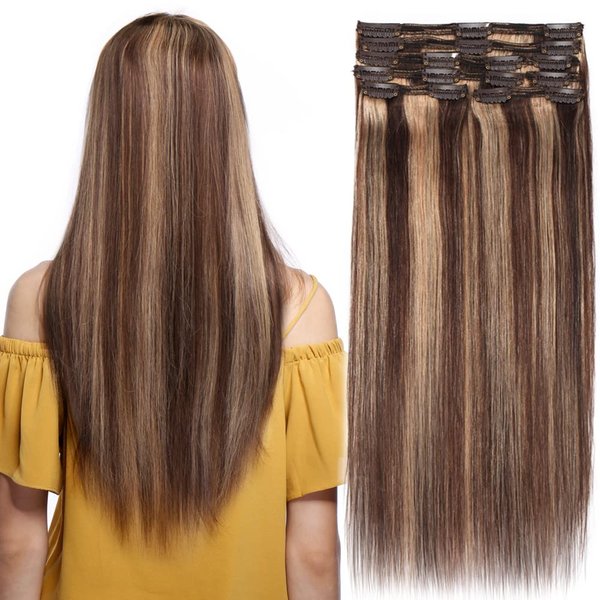 Double Weft 100% Remy Human Hair Clip in Extensions 10''-22'' Grade 7A Quality Full Head Thick Thickened Short Soft Silky Straight 8pcs 18clips (12"/12 inch 110g,#4/27 Medium Brown mix Dark Blonde)