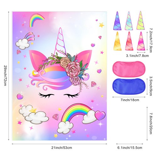 NEBURORA Pin The Horn on The Unicorn with 30 PCS Horns Birthday Party Supplies for Girls Birthday Christmas Party Game for Kids
