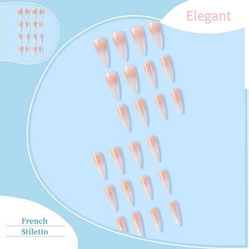 Long Press on Nails Stiletto Fake Nails Extra Long False Nails French Tip Glue on Nails Gradient Acrylic Nails Pink to White Press Ons Point Stick on Nails for Women and Girls 24 Pcs