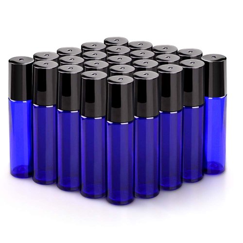 sungwoo 25 Pack Essential Oil Roller Bottles, 10ml Blue Glass Roller Bottles with Stainless Steel Roller Balls and Caps for Travel, Perfume and Lip Gloss