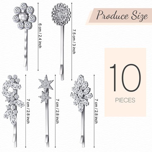 Waydress 10 Pcs Vintage Hair Pins for Women Vintage Rhinestone Bobby Pin Star Decorative Tone Hair Pins Hair Barrette Flower Leaf Feather Sunflower Hair Clips Metal Hair Accessories(Silver)