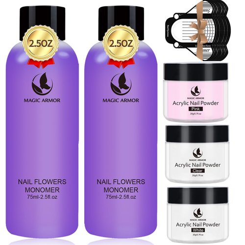 MAGIC ARMOR Acrylic Liquid Monomer and Acrylic Powder Set - 3 Colors Acrylic Powder Clear Pink White Professional Acrylic Monomer Liquid 5oz Acrylic Nail System For Acrylic Nails (150ML+3 COLORS)