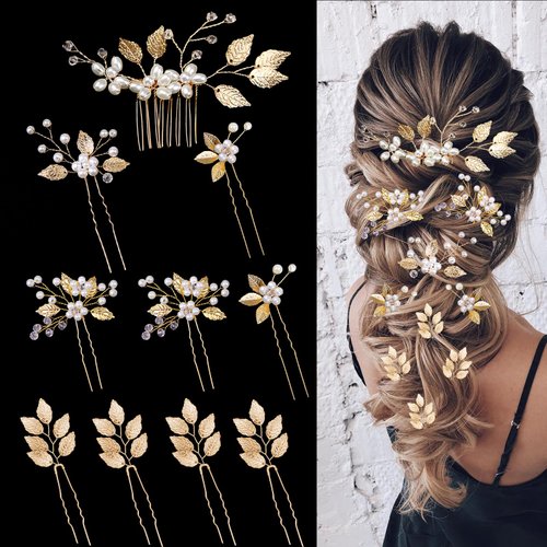 10PCS Gold Leaf Wedding Hair Pins Rhinestone Pearl Hair Jewelry Accessories Crystal Vintage Weddi...