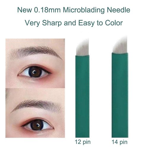 50PCS Green S14 Sloped Eyebrow Tattoo Needles Permanent Makeup Manual Microblading 14 Pins 0.18mm Finest Needles Disposable Sterilized