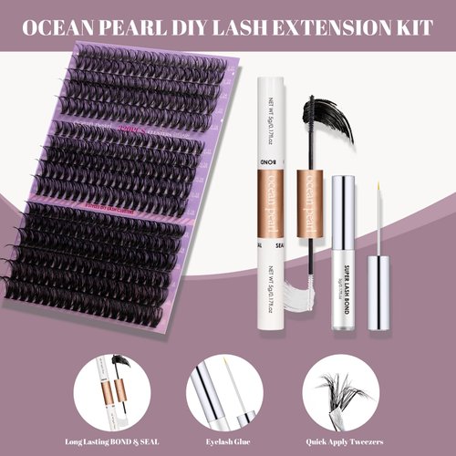 Ocean Pearl Lash Clusters 320PCS 11-20mm Lash Extension Kit 30D+40D+60D Eyelash Extension Kit Individual Lashes Thick Eyelash Clusters Lashes Clusters with Eyelashes Bond+Seal+Adhesive+Tweezer-60D