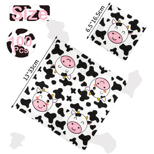 100 Pcs Cow Print Napkins, Cow Party Supplies, Cow Party Table Napkins for Farm Animal Themed Party, Western Theme Kid's Birthday, Baby Shower