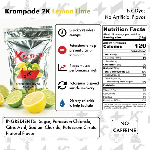 Krampade Electrolytes Powder Potassium Supplement - 2000 mg K+, 2X More Than Coconut Water | Cramp Relief and Prevention | Hydration Powder (Lemon Lime)