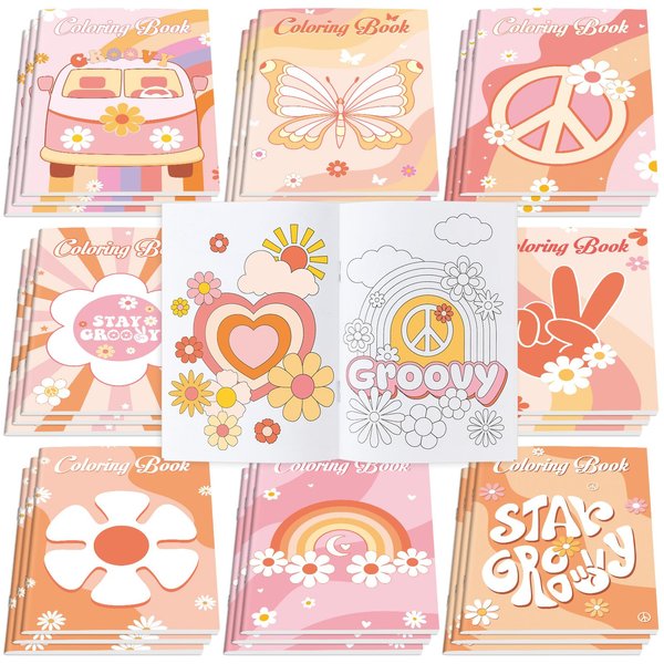 Honoson 24 Pcs Hippie Boho Coloring Books Kids Stay Groovy Drawing Book Peace Sign Mini Coloring Book Daisy Rainbow Hippie Bus Activity Book for Retro Boho Two Groovy Birthday Party Supplies Favors