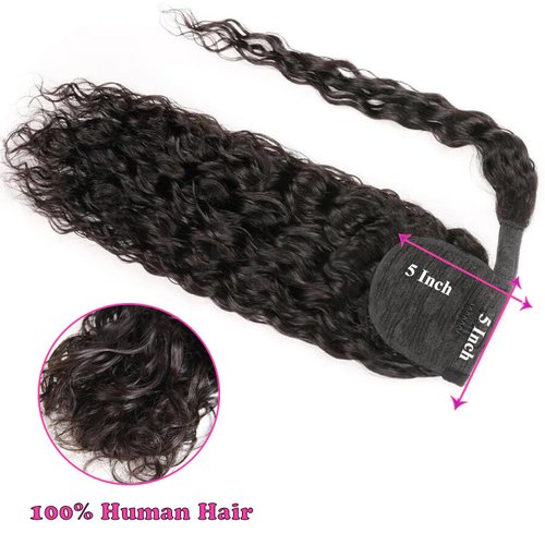 Seelaak Hair Water Wave Ponytail Extensions Human Hair Wrap Around Corn Wave Pony Magic Paste Brazilian Human Hair Extensions for Women Natural Black(22 inch)
