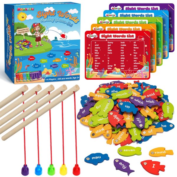 Wooden Magnetic Sight Word Fishing Game for Toddlers, Alphabet Fish Catching Games Puzzle with Letters, Homeschool Sight Word Educational Toy for Age of 3,4,5,6 Year Old Kids, Boys & Girls