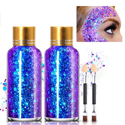 HOSAILY 2 Bottles Chameleon Body Glitter Holographic Mermaid Sequins Chunky Long Lasting Body Face Glitter Gel for Halloween Festival Party (13# Blue - 2 Bottles)