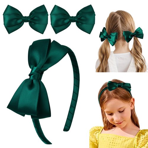 DEEKA Satin Dark Green Bow Headband & 2 Pcs 4 Inch Hair Bows Set Uniform Hair Accessories Hair Band for Little Toddler School Girls -Dark Green