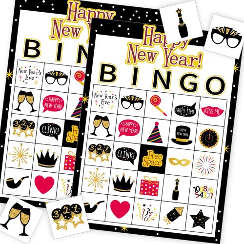 Funnlot New Year Games New Year Bingo Game Holiday Bingo 24 Players New Year Games for Party New Year Bingo Game Cards for School Party Supplies for Family Classroom Activities New Year Party Favors
