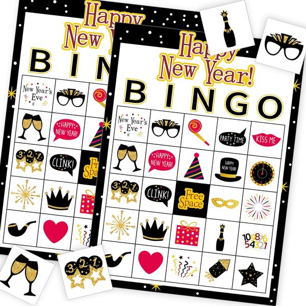 Funnlot New Year Games New Year Bingo Game Holiday Bingo 24 Players New Year Games for Party New Year Bingo Game Cards for School Party Supplies for Family Classroom Activities New Year Party Favors