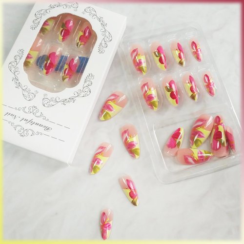 24Pcs French Tips Press on Nails for Art with Tropical Flower Design, Glossy Yellow French Medium Almond Acrylic False Nails Gel Glue on Nails Flower Full Cover Fake Nails Stick on Nails for Women