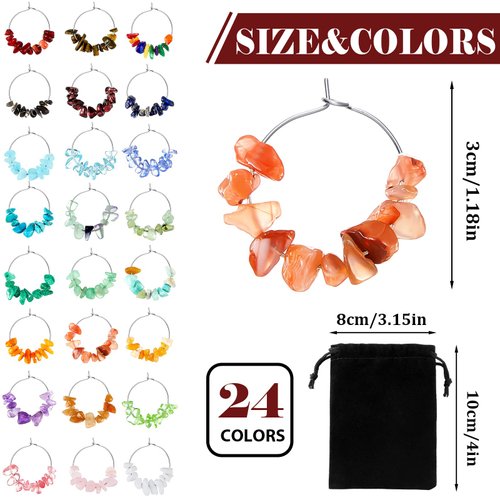 Leinuosen 24 Pcs Wine Glass Charms for Valentines Gift Gemstone Beads Wine Charm Wine Glass Markers Drink Markers Tags Wine Tasting Party Favors Decorations for Stem Glasses Wedding Holiday Birthday