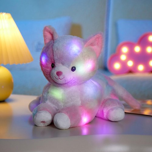 Glow Guards 13'' Lying Light up Rainbow Cat Plush Toy Rainbow Kitty Soft Stuffed Animal Bed Night Light Birthday for Toddler Kids