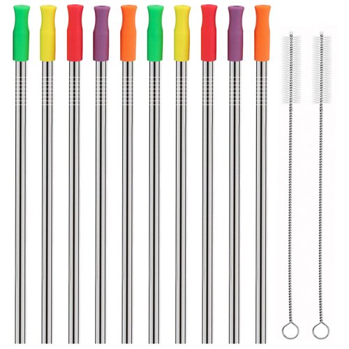 HuaQi Stainless Steel Metal Straws with Silicone Tips Set of 10 Straight Reusable Drinking Straws for 20oz 30oz Tumblers (10.5'' L 0.24''Dia Straws+ 2 Brushes)