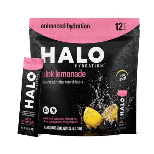 Halo Hydration - Electrolyte Drink Mix | Hydration Powder Packets | Pink Lemonade Flavor – for Sports and Cycling | Easy Open Single Serving Stick | 12 Sticks