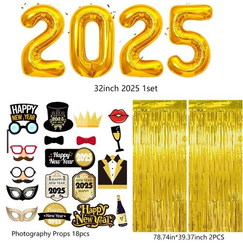 Happy New Year Decorations New Years Eve Party Supplies kit with Happy New Year 2025 Banner Happy New Year Balloons Fringe Curtain for New Years Party Decorations