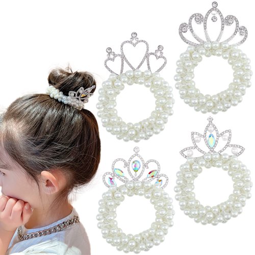 4 Pcs Beaded Hair Accessories - White Pearl Beads Crystal Crown Scrunchies, Elastic Ponytail Holders & Princess Hair Rope Ties for Women Girls