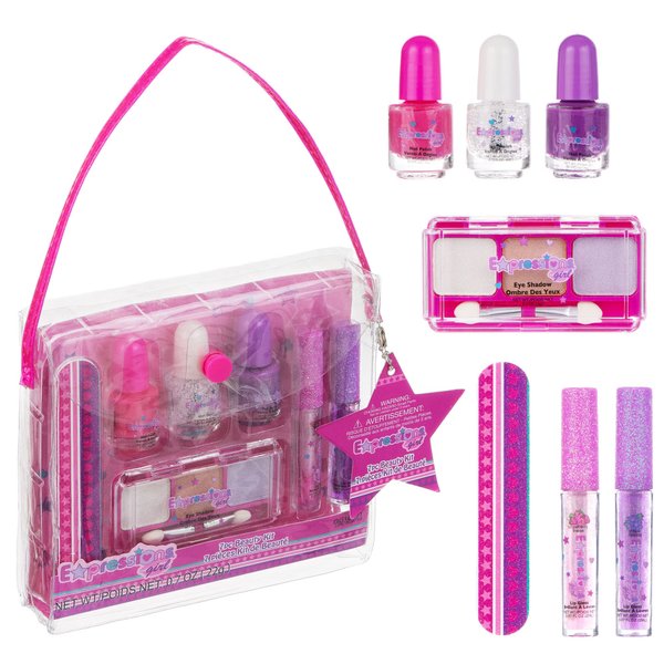 Expressions 7 Piece Beauty Kit+nail file, 3 nail polishes, 1 eyeshadow compact 2 glitter lip glosses.