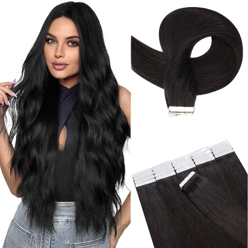 Hairro Tape In Real Human hair Extension Glue In Skin Weft Hair Extensions Rooted Tape in Hair Seamless Invisible Double Sided Tape Human Hair Extensions For Women 16 inch 30g 20pcs #1B Natural Black