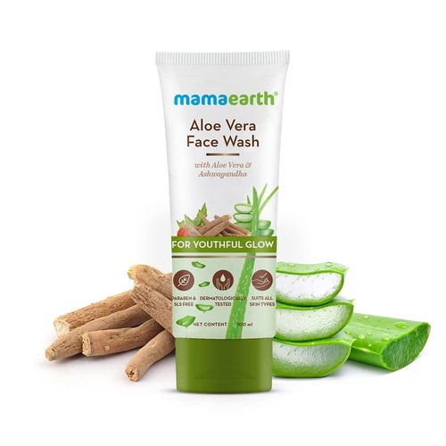 Mamaearth Aloe Vera Face Wash with Ashwagandha | Dirt & Excess Oil Cleanser | Gives Natural Youthful Glow | Gentle Formula for Hydrated Skin | 3.38 Fl Oz (100ml)