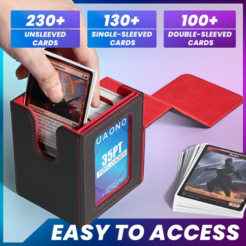 UAONO Card Deck Box with MTG Commander Display, Patented Design Card Deck Case Holds 100+ Double-Sleeved Cards, PU Leather Cards Storage Box For TCG with 2 Dividers, 1 Toploader (Grey&Red)