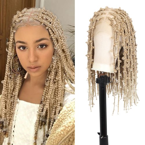 Lexqui 18" 360° HD Full Lace Braided Wigs for Women Short Knotless Butterfly Box Braid Wig with Baby Hair Human Hair Blended Braided Wig Shoulder Length Braided Lace Front Wig Light Brown Ombre Blonde