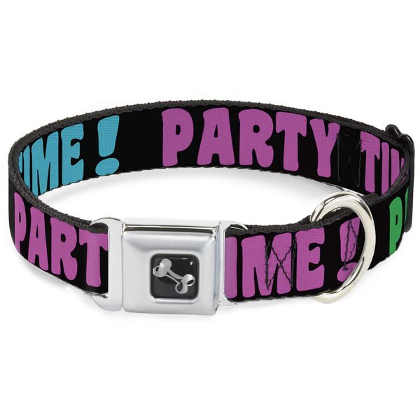 Dog Collar Seatbelt Buckle Party Time Black Green Turquoise Fuchsia 9 to 15 Inches 1.0 Inch Wide