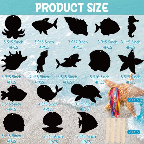 64 Pcs Sea World Theme Scratch Cards Rainbow Color Scratch Crafts Art Card Shell Dolphin Starfish Tortoise Scratch Card Art Kit with 70 pcs Wood Stylus Ribbon for Classroom DIY Art Craft Party Favors