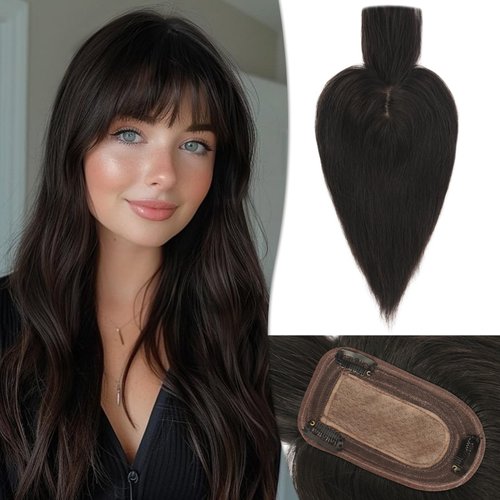 RUWISS Human Hair Topper with Bangs Crown Topper Hair Pieces for Women Short Wiglet Topper for Thinning Hair 7.5 * 13CM Silk Base 100% Real Human Hair Clip in Topper 14Inch 45g（Natural Black）