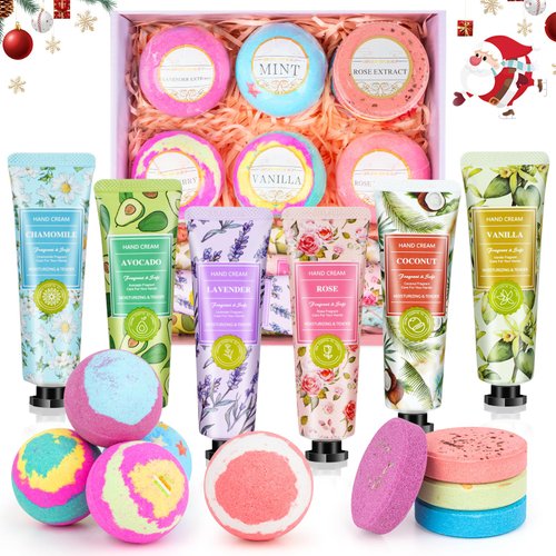 Spa Gift Baskets for Women - Unique Birthday Gifts for Women, Christmas Gift Set with 6 Hand Creams, 5 Bath Bombs, 4 Shower Steamers, Spa Gifts for Women, Valentine's Day, Mother's Day