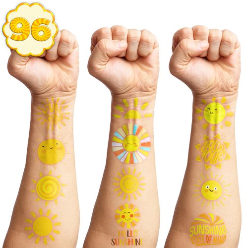 115 PCS Yellow Sun Birthday Party Decorations Favors Supplies Gold Hippie Sun Smile You Are My Sunshine Decor Temporary Tattoos Stickers for Girls Boys Cute Gifts School Prizes Rewards