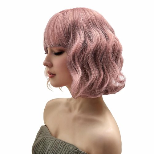 Muundim Short Pink Curly Wig with Bangs, Pastel Pink Bob Wigs Synthetic Wave Hair Wigs For Women Party Cosplay Gift Natural Looking 12inch
