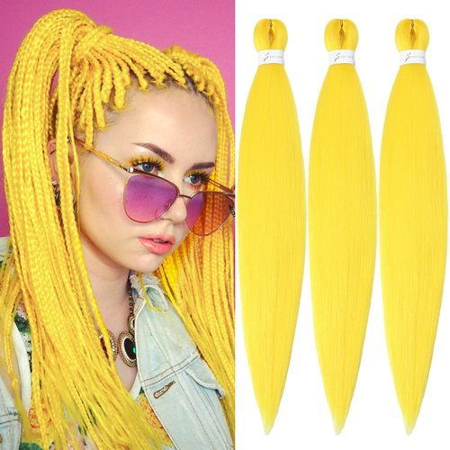 Yellow Braiding Hair Pre-Stretched Hair Extensions Braiding hair 26 inch 3 Packs Synthetic Crochet Braids, Hot Water Setting Professional Soft Yaki Texture. (26inch(3Packs),Yellow#)