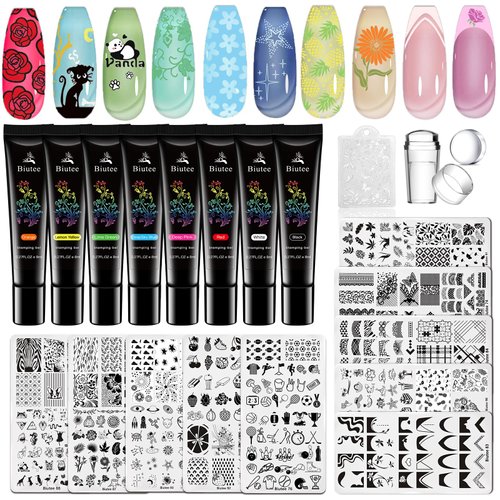 Biutee Nail Stamp Gel 10Pcs Nail Stamp Plates Kit with 8 Colors Stamper Gel Polish Nail Art Stamp...