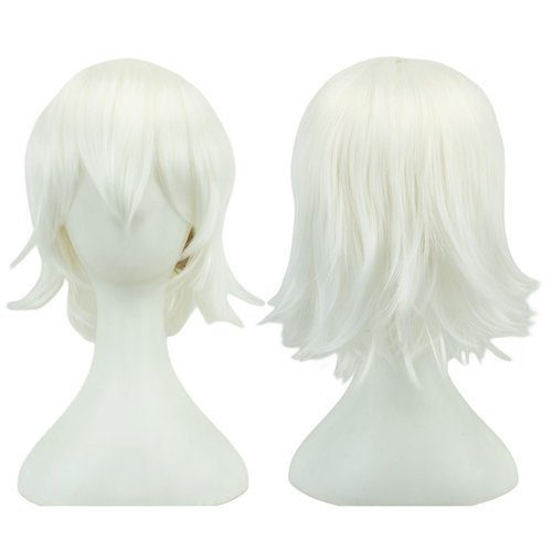 12 Inches Unisex Short Cosplay Hair Party BOB Wig with Bangs Halloween Costume Wigs (White)